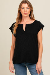 Black Two Tone Split V-Neck Dolman Short Sleeve Maternity Top