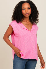 Pink Two Tone Split V-Neck Dolman Short Sleeve Top