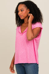 Pink Two Tone Split V-Neck Dolman Short Sleeve Top