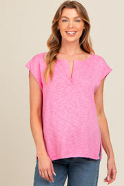 Pink Two Tone Split V-Neck Dolman Short Sleeve Maternity Top