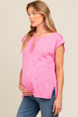 Pink Two Tone Split V-Neck Dolman Short Sleeve Maternity Top