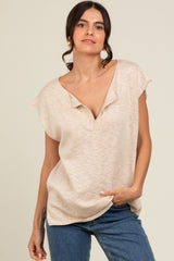 Beige Two Tone Split V-Neck Dolman Short Sleeve Maternity Top