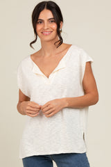 Ivory Two Tone Split V-Neck Dolman Short Sleeve Maternity Top