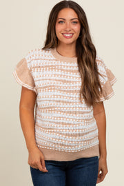 Beige Textured Stripe Ruffle Short Sleeve Maternity Sweater