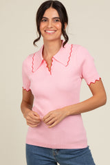 Pink Ribbed Scallop Trim Split V-Neck Short Sleeve Maternity Top