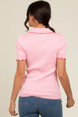 Pink Ribbed Scallop Trim Split V-Neck Short Sleeve Top