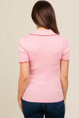 Pink Ribbed Scallop Trim Split V-Neck Short Sleeve Maternity Top