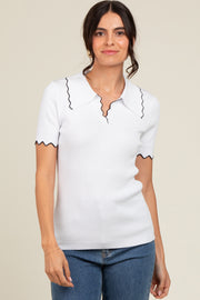 Ivory Ribbed Scallop Trim Split V-Neck Short Sleeve Top