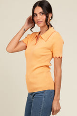 Peach Ribbed Scallop Trim Split V-Neck Short Sleeve Top