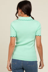 Mint Green Ribbed Scallop Trim Split V-Neck Short Sleeve Top