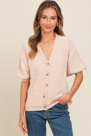 Beige Textured V-Neck Short Sleeve Cardigan