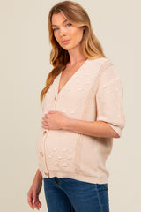 Beige Textured V-Neck Short Sleeve Maternity Cardigan