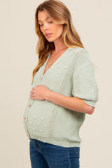 Light Olive Textured V-Neck Short Sleeve Maternity Cardigan