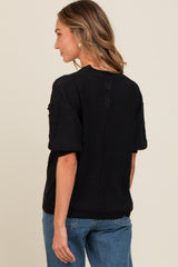 Black Textured V-Neck Short Sleeve Cardigan