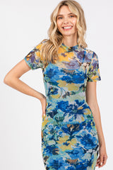 Blue Floral Mesh Short Sleeve Midi Dress