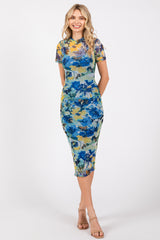 Blue Floral Mesh Short Sleeve Maternity Midi Dress