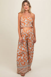 Camel Floral Tube Top Wide Leg Pant Maternity Set