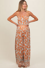 Camel Floral Tube Top Wide Leg Pant Maternity Set