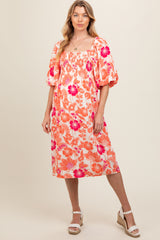 Orange Floral Smocked Square Neck Maternity Midi Dress