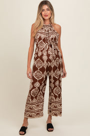 Brown Border Print Front Tie Halter Maternity Jumpsuit