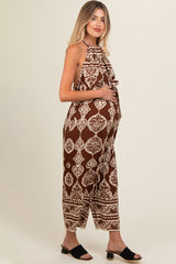 Brown Border Print Front Tie Halter Maternity Jumpsuit