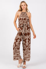 Brown Border Print Front Tie Halter Jumpsuit