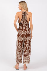 Brown Border Print Front Tie Halter Jumpsuit