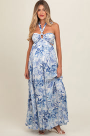 Blue Sweetheart Neck Halter Cut Out Back Maternity Maxi Dress