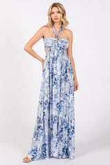 Blue Sweetheart Neck Halter Cut Out Back Maxi Dress