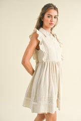 Beige Button Front Flutter Sleeve Mini Dress