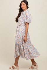 Ivory Floral Puff Sleeve Button Down Midi Dress