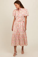 Pink Floral Puff Sleeve Button Down Maternity Midi Dress