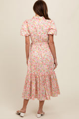 Pink Floral Puff Sleeve Button Down Midi Dress