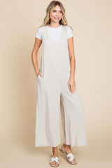 Beige V-Neck Wide Leg Jumpsuit