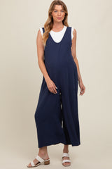 Navy Blue V-Neck Wide Leg Maternity Jumpsuit