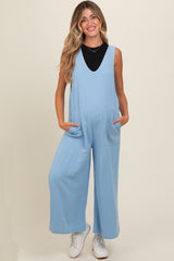 Light Blue V-Neck Wide Leg Maternity Jumpsuit