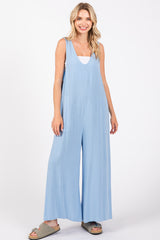 Light Blue V-Neck Wide Leg Maternity Jumpsuit