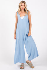 Light Blue V-Neck Wide Leg Jumpsuit