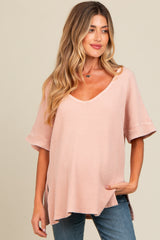 Mauve Waffle Knit V-Neck Maternity Top