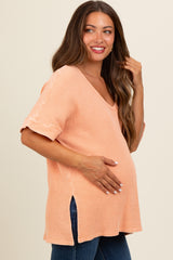 Peach Waffle Knit V-Neck Maternity Top