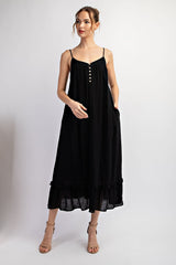 Black Button Front Pocketed Maternity Midi Dress