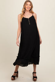 Black Button Front Pocketed Maternity Midi Dress