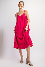 Fuchsia Button Front Pocketed Midi Dress