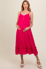 Fuchsia Button Front Pocketed Maternity Midi Dress