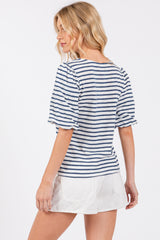 Navy Striped Puff Sleeve Top