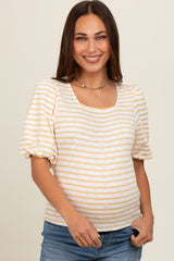 Yellow Striped Puff Sleeve Maternity Top