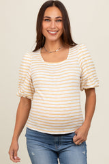 Yellow Striped Puff Sleeve Maternity Top