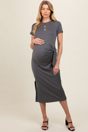 Charcoal Side Tie Maternity Midi Dress