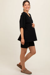 Black Oversized V-Neck Biker Short Maternity Set