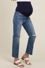 Blue Distressed Cut Hem Slim Straight Maternity Jeans